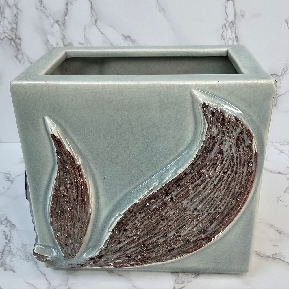 Bishop California Ceramic Planter Rectangular Green Crackle Glaze Leaf MCM 6in